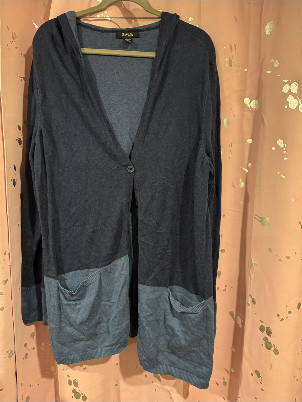 Style & Co. Two-Tone Navy and Chambray Blue Hooded Cardigan
